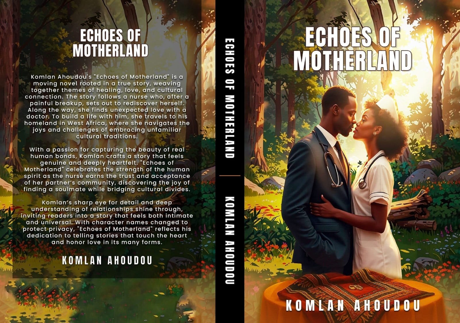 Full jacket of Echoes of Motherland showing back cover, spine and front cover