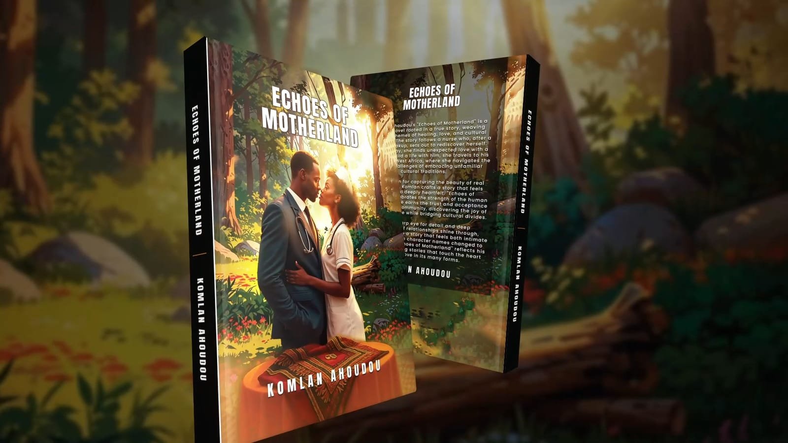 Still from the Echoes of Motherland book trailer showing the book in a sunlit forest